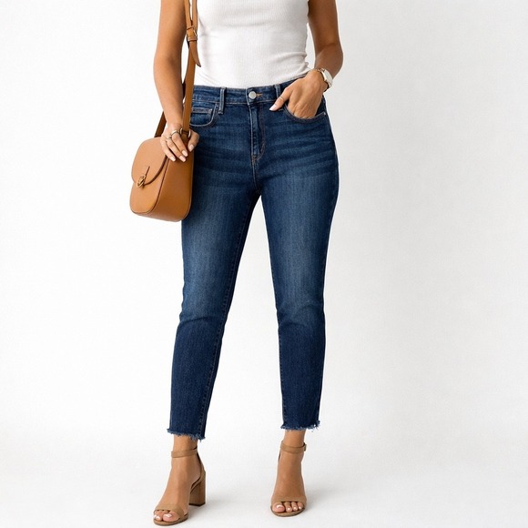 Sam Edelman Denim - Sam Edelman The Kitten Mid Rise‎ Skinny Ankle Jeans Dark Wash Frayed Hem Size 10